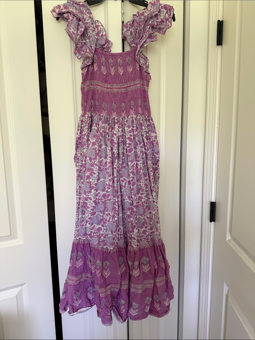 Lavender Floral Smocked Midi Dress with Ruffle Straps